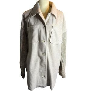 Hem & Thread Mixed Media Contrast Shacket, Tweed Heathered Oatmeal, Size Large